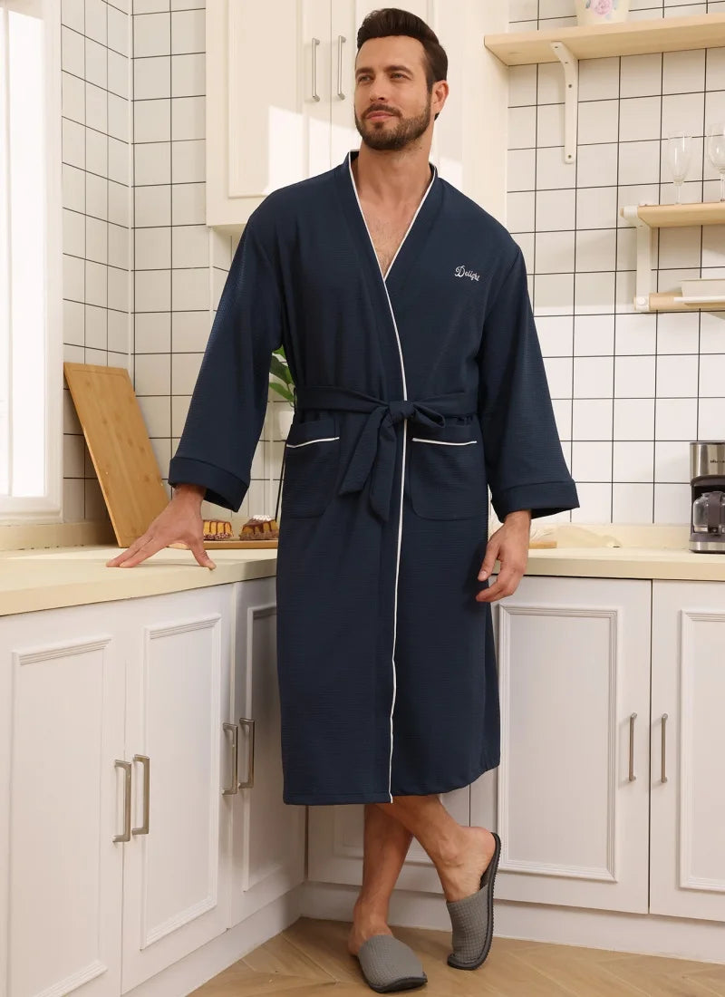 Mens Waffle Knit Quick Dry Bathrobe Absorbent Kimono Robe with Pockets White Piping Trim Soft Lightweight Mens Spa Loungewear