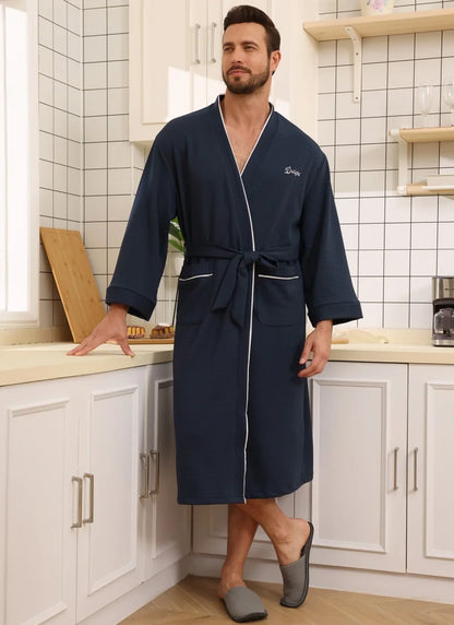 Mens Waffle Knit Quick Dry Bathrobe Absorbent Kimono Robe with Pockets White Piping Trim Soft Lightweight Mens Spa Loungewear