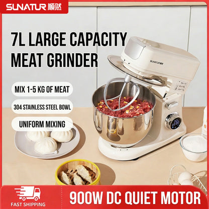 SUNATUR SM-606E Stand Mixer 900W 7L Electric Kitchen Mixer with 11 Speeds & Timer, Ultra-Quiet Dough Mixer for Home Baking