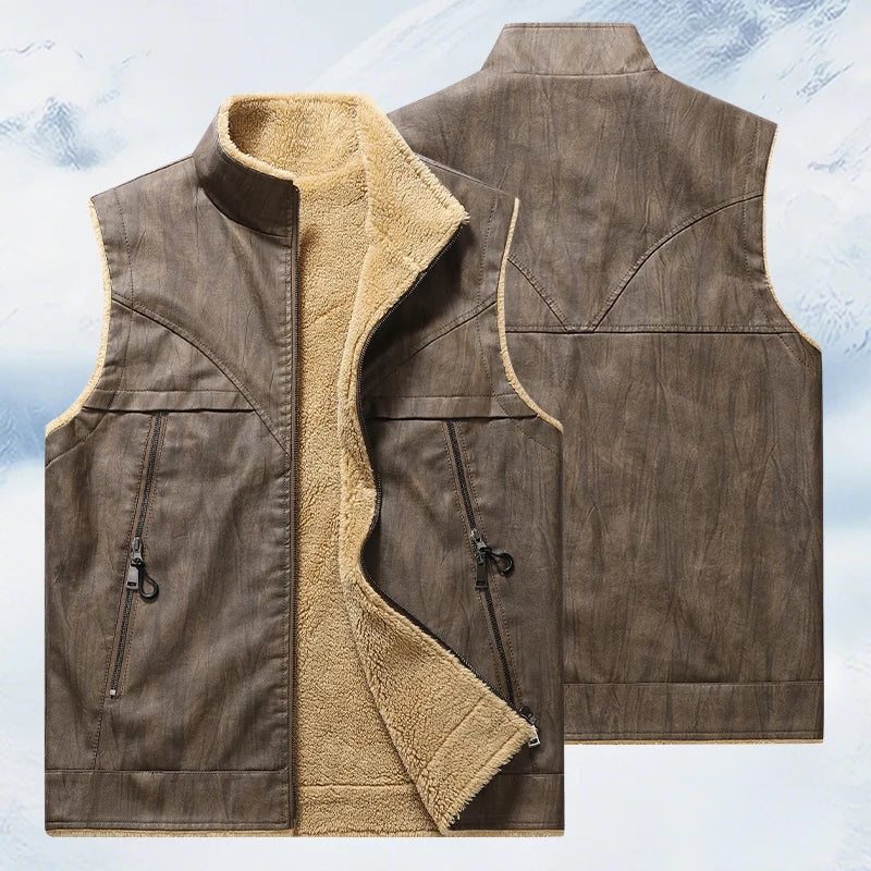 Mens Leather Vest Fleece Lined Warm Winter Motorcycle Vest Jacket Casual Leather Biker Jackets with Zipper Pocket Outwear Coat