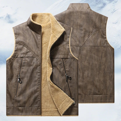 Mens Leather Vest Fleece Lined Warm Winter Motorcycle Vest Jacket Casual Leather Biker Jackets with Zipper Pocket Outwear Coat