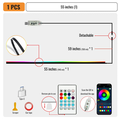 Universal 43-inch RGB Car Interior Lighting Kit with App Control - 64 Colors & 8 Dynamic Modes