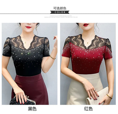 2026 Summer Women Tops New Korean Fashion Diamond Mesh T Shirt V-neck Short Sleeved Patchwork Lace Shirt