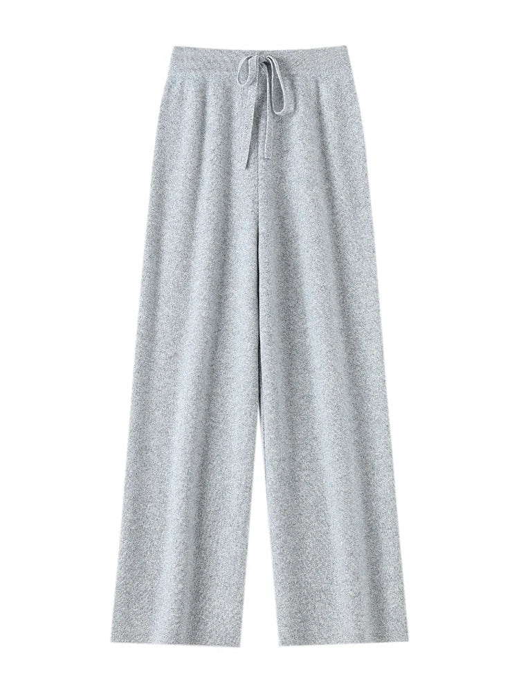 Chic Wide-Leg Pants Women's Autumn Winter Solid Color 100% Merino Wool Knitted Casual Loose Soft Thick Warm Popular Trousers