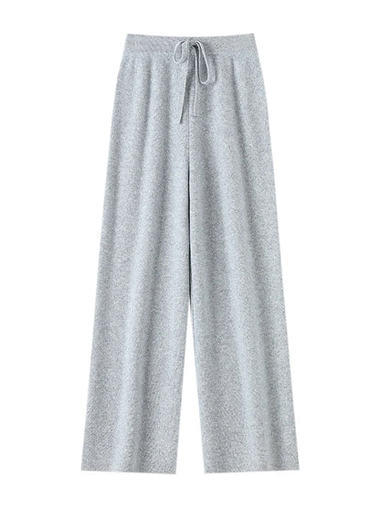 Chic Wide-Leg Pants Women's Autumn Winter Solid Color 100% Merino Wool Knitted Casual Loose Soft Thick Warm Popular Trousers