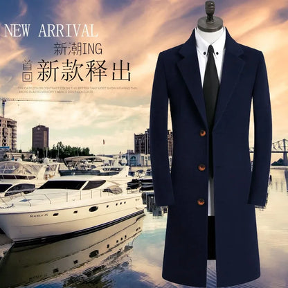 Winter New Men's Mid-Length Woolen Coat Double-Faced Cashmere Warm Business Style Korean Version Travel Suitable Single-Button