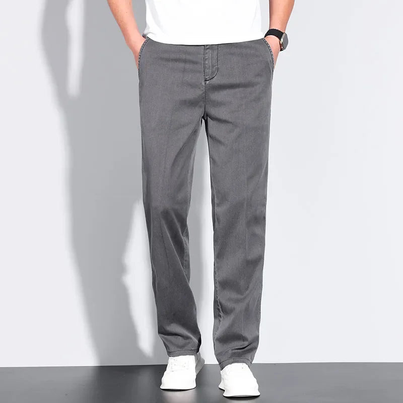 Classic Men's High Waist Cotton Jeans Summer Thin Fitted Straight Business Casual Denim Work Trousers Blue Gray