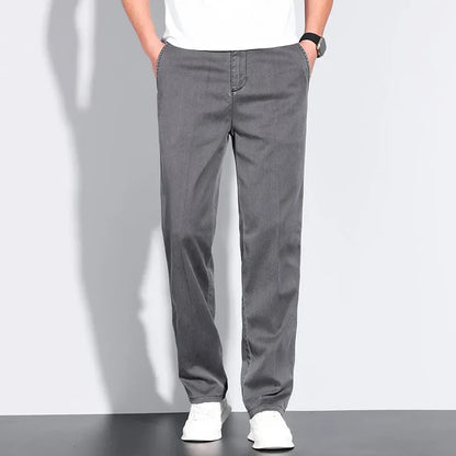 Classic Men's High Waist Cotton Jeans Summer Thin Fitted Straight Business Casual Denim Work Trousers Blue Gray