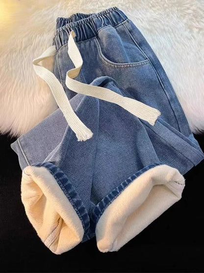 Thickened Fleece Straight Leg Jeans Women Winter New Small Size Wide Leg Cotton Elastic Waist Autumn Winter Pants