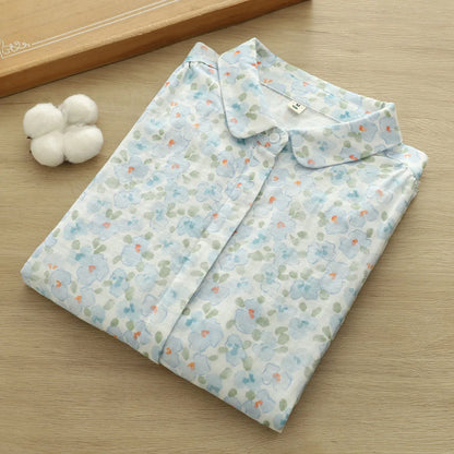 New Autumn women's clothing 100% cotton yarn rustic blue flower print shirts and blouses for women long sleeve shirts