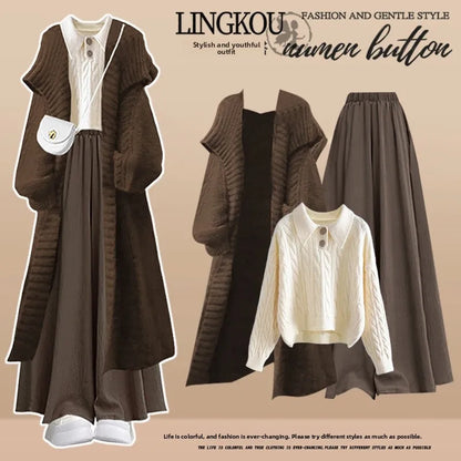 plus Size Autumn Winter Set Women's High-End Knitted Sweater Cardigan Casual Pants Three-Piece Set Comfortable Loose Fit Fashion