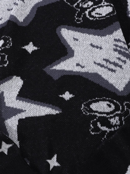 New Trendy Spring and Autumn Astronaut Reaching for the Stars Jacquard Pattern Pullover Sweater, Casual Round-Neck Color-Block Knit Men's Pullover, Suitable for Everyday Wear, Unisex Top for Going Out, Regular Fit, Suitable f