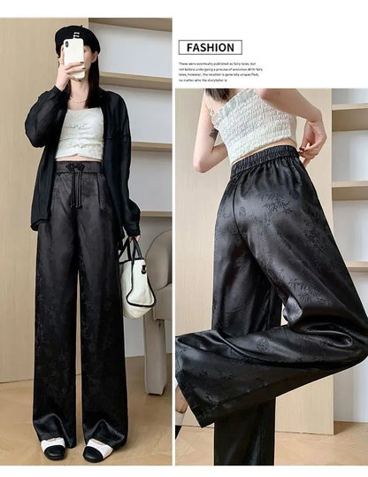High Waist Loose Straight Pants with Button Knot Pocket New Chinese Style Satin Wide Leg Pants Spring Summer Trousers Pink Black