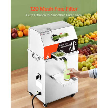 SucceBuy Commercial Sugar Cane Juicer 800W Electric Sugarcane Juicer Machine with 661LBS/H High Output 3 Stainless Steel Rollers Sugar Cane Press Juice Extractor Squeezer on Wheels for Home Commercial