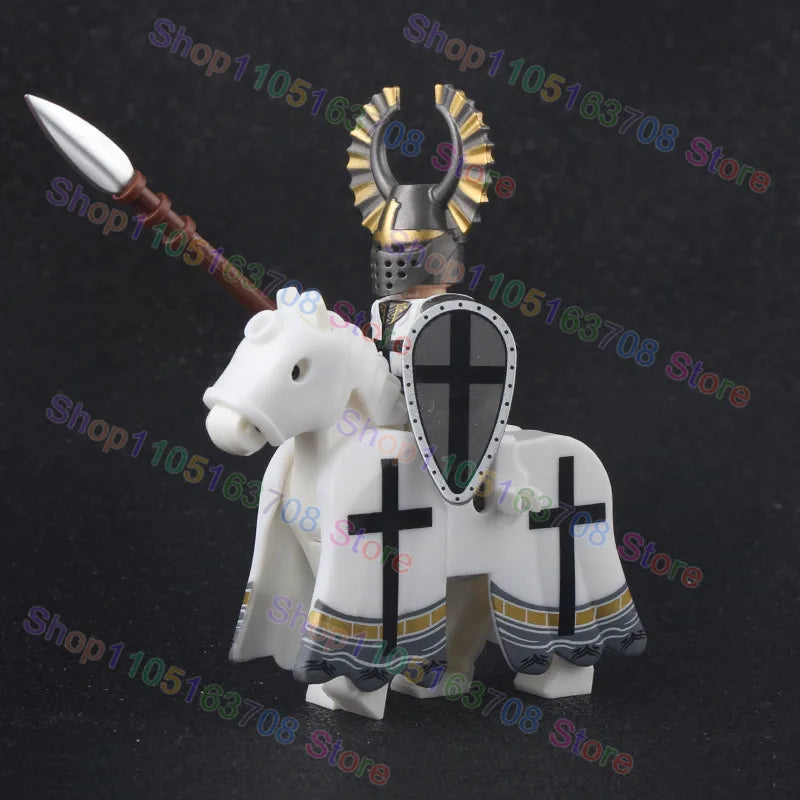 MOC Medieval Military Crusader Knight Building Blocks Castle Army Soldier Figure Horse Mount Shield Sword Accessories Bricks Toy