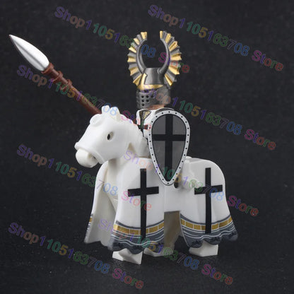 MOC Medieval Military Crusader Knight Building Blocks Castle Army Soldier Figure Horse Mount Shield Sword Accessories Bricks Toy