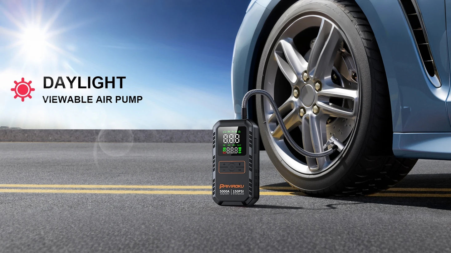 PAIVIROKU 4-IN-1 Car Jump Starter with Air Compressor 5000APeak Auto Battery Booster 150PSI Air Pump Power Bank Tire Inflator