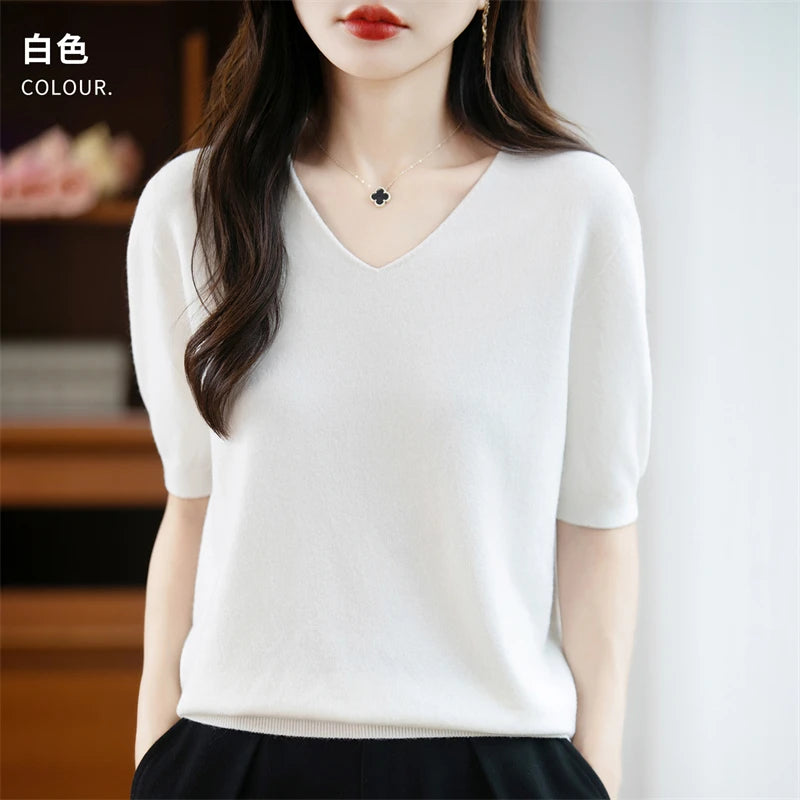 Thin Worsted Wool Short-Sleeved Women's Loose Round Neck T-shirt Printed Summer Fashion Knitted Bottoming Shirt Half-Sleeved