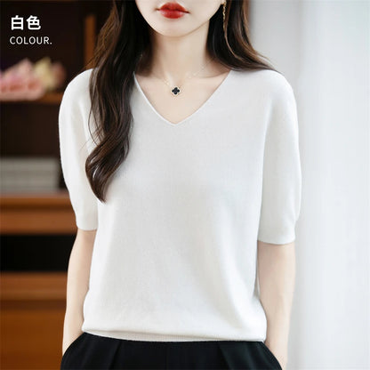 Thin Worsted Wool Short-Sleeved Women's Loose Round Neck T-shirt Printed Summer Fashion Knitted Bottoming Shirt Half-Sleeved