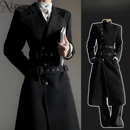 Black Belt Button Long Trench Coat Stand Collar Pad Shoulder Slim Fit Military Uniform  Cosplay Spring Autumn Unisex Men Women