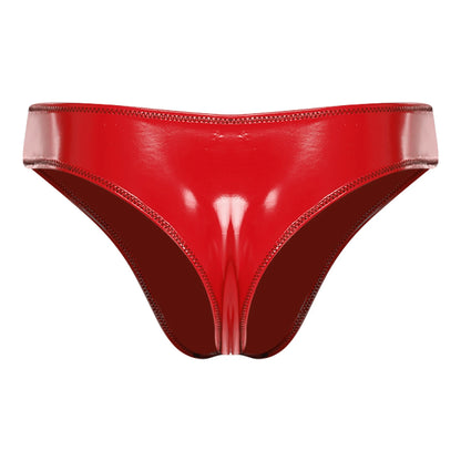 Men Wet Look PU Micro Briefs Low Rise Bugle Pouch Underwear Leather Underpants Beach Mini Bikini Bathing Suit Nightwear Clubwear