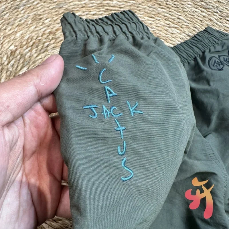 Summer Vintage Street Cactus Jack Shorts Lightning Eagle Print Embroidered Logo Mesh Nylon Elastic Waist Casual Shorts Men Pants