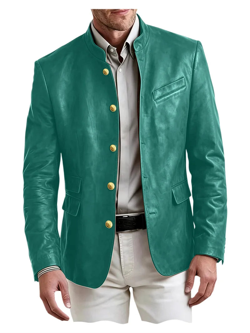 Men's Stand Collar Leather Blazer Slim Fit Single Breasted Golden Metal Buttons Multi Pocket Coat For Business Wedding Daily