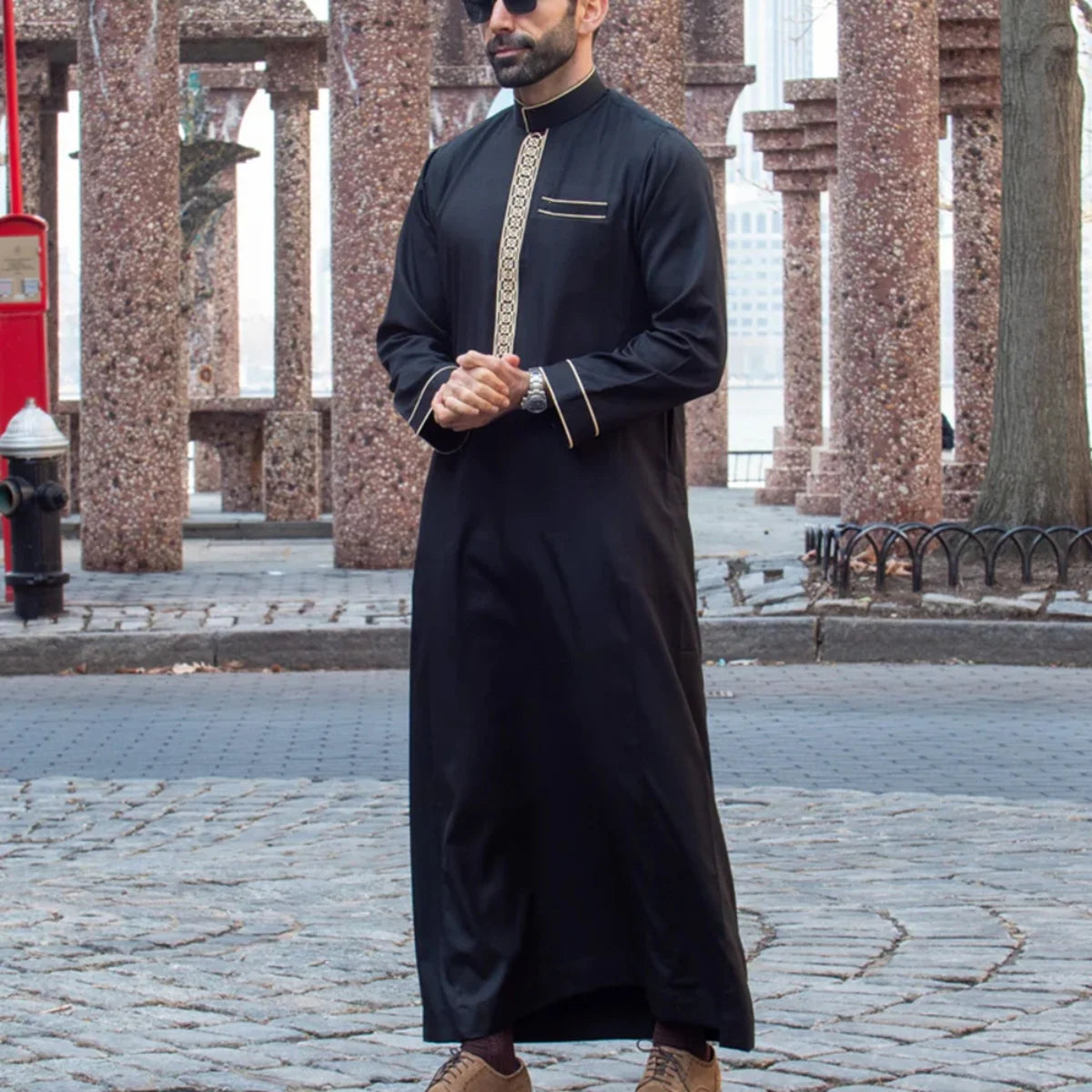 Islamic Muslim Arabic Casual Men's Abaya Long Sleeve Embroidered Stand Collar Arabic Abaya Men's Traditional Clothing