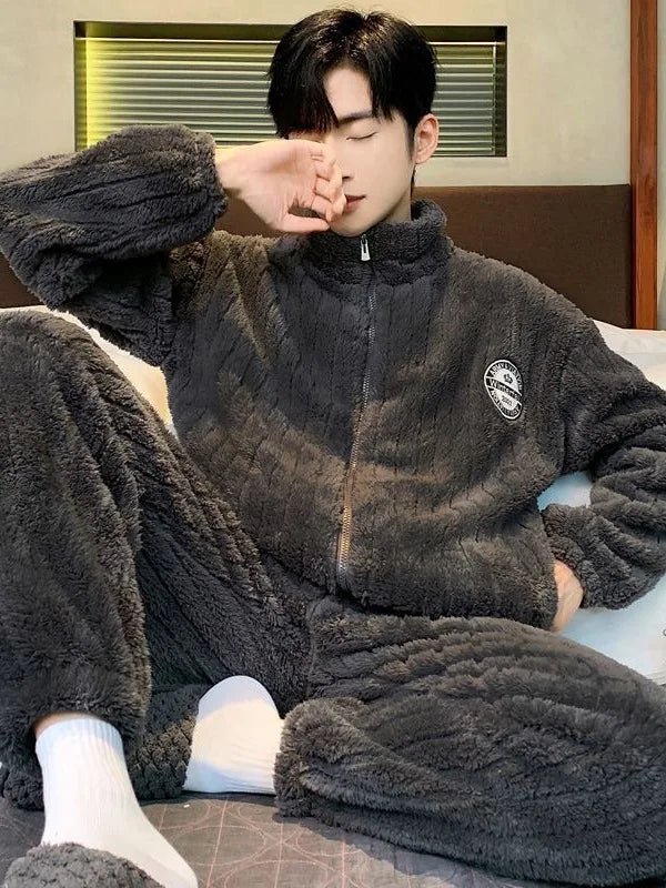 2026 New Coral Fleece Sleepwear Men's Fashionable Warm Flannel Spring Autumn Winter Thickened Outdoor Wear Home Clothes