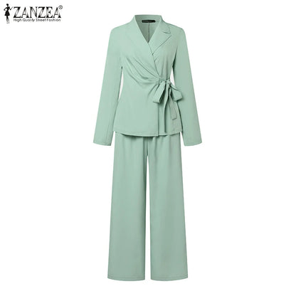 ZANZEA Classy Office Lady Blazer Suits Elegant Women Tied Waist Top and Pant 2pcs Outfit 2025 Trend Streetwear Commute Pant Sets