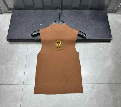 Spring Summer Solid Spliced Metal Buckle Slimming Knit Tshirt For Women Turtleneck Sleeveless Minimalist T Shirt Female Fashion