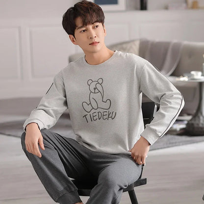 2024 Autumn Long Sleeve 100% Cotton Pajamas Sets for Men Korean Loose High Quality Sleepwear Pyjamas Male Homewear Home Clothes