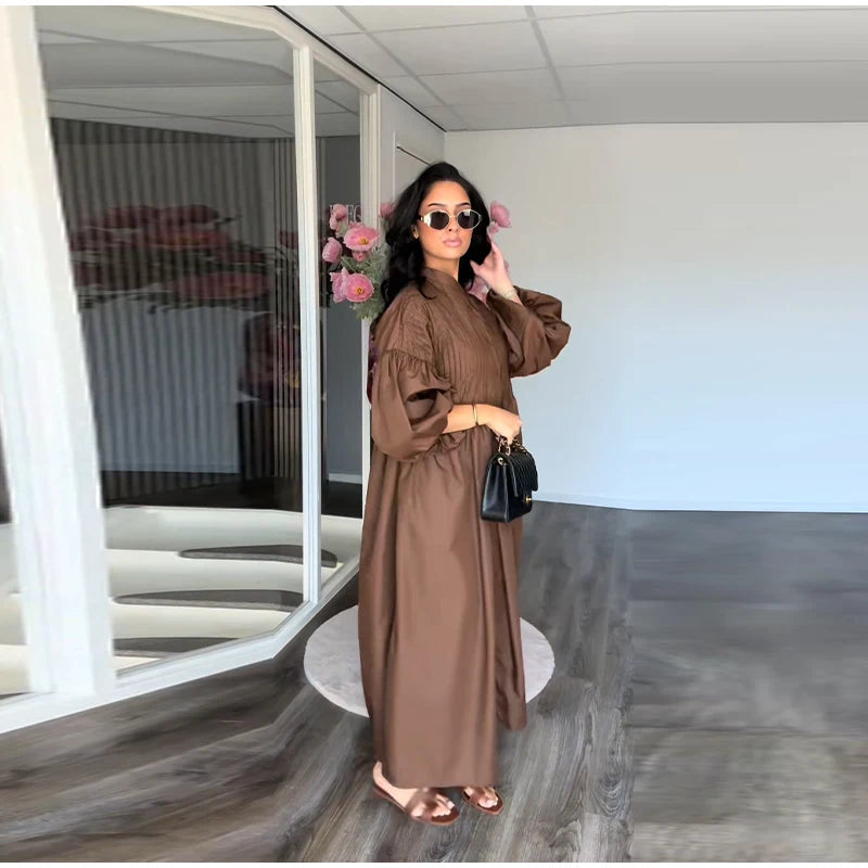 Casual Long Dress Women Solid Loose O Neck Single Breasted Full Lantern Sleeve High Waist Robe 2026 Spring Fashion Dresses Lady