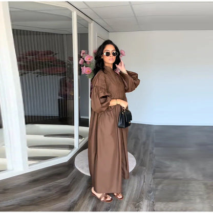 Casual Long Dress Women Solid Loose O Neck Single Breasted Full Lantern Sleeve High Waist Robe 2026 Spring Fashion Dresses Lady