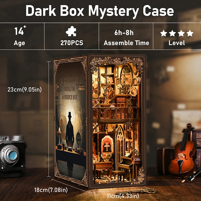 DIY Detective Mystery Book Nook Kit with LED Lights Wooden Bookend Bookshelf Insert Handmade Craft Gift for Book Lovers Adults
