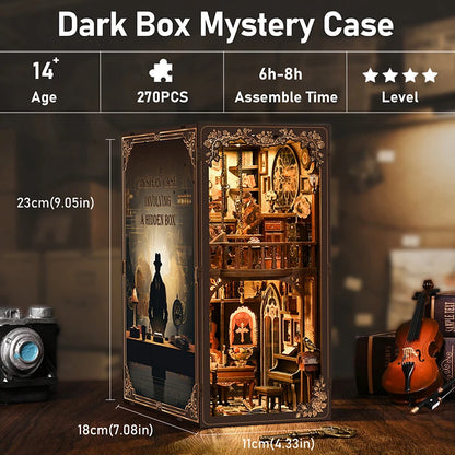 DIY Detective Mystery Book Nook Kit with LED Lights Wooden Bookend Bookshelf Insert Handmade Craft Gift for Book Lovers Adults
