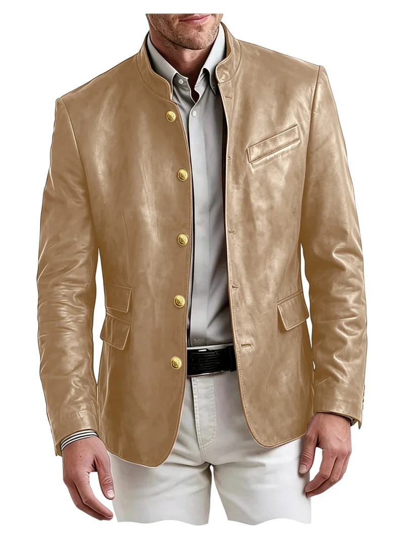 Men's Stand Collar Leather Blazer Slim Fit Single Breasted Golden Metal Buttons Multi Pocket Coat For Business Wedding Daily