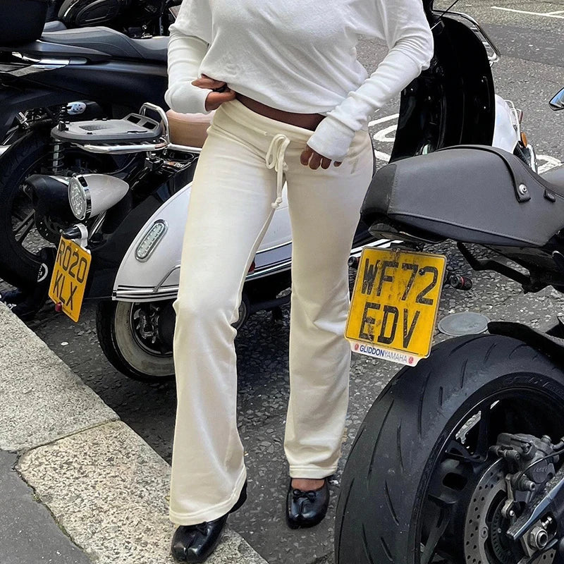 Rockmore Spicy Girl Low Waist Straight Leg Pants Pure Color Flip Waist Versatile Long Trousers Street Style Casual Pants