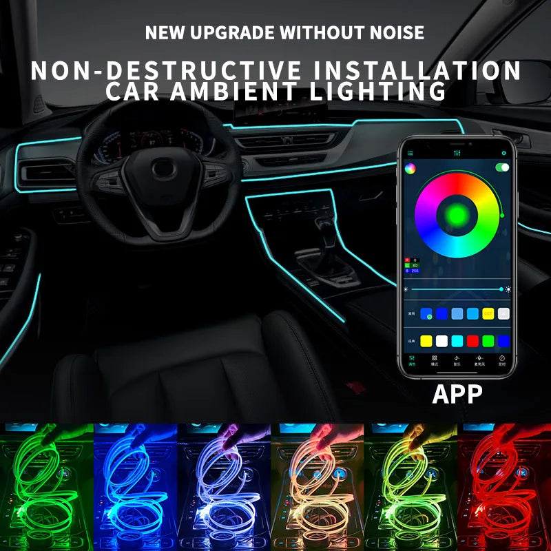 Car RGB Ambient LED Light Strip USB Fiber Optic Atmosphere Neon Invisible Light Kit with APP Control Auto Decorative Lamp