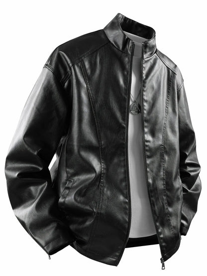 Men's Small Stand-Up Collar Leather Jacket, Windproof and Warm, Stylish and Form-Fitting, Suitable for Daily Commuting, Street Wear, Autumn and Winter Outings, Casual Gatherings with Friends, Casual Entertaining, and Short Tr