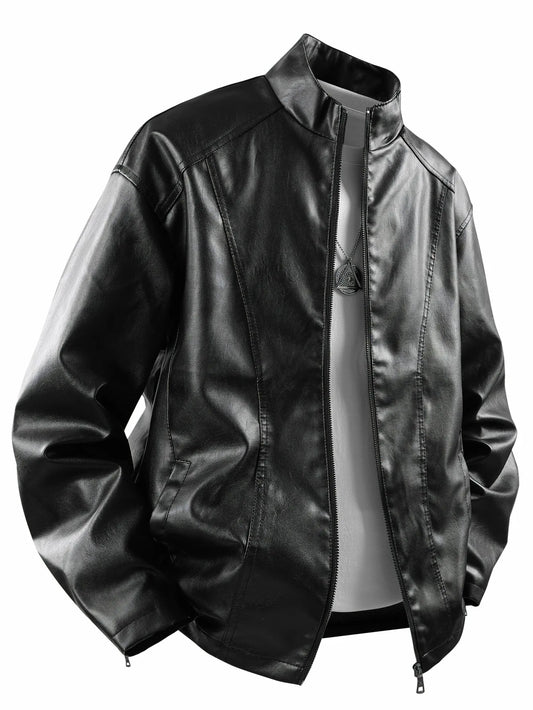 Men's Small Stand-Up Collar Leather Jacket, Windproof and Warm, Stylish and Form-Fitting, Suitable for Daily Commuting, Street Wear, Autumn and Winter Outings, Casual Gatherings with Friends, Casual Entertaining, and Short Tr