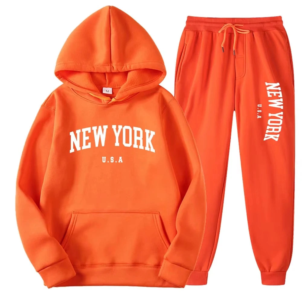 New York Print Hoodies Casual American Style Hoodie Set Mens Autumn Long Sleeves Hooded Loose Pullover Street Sweatshirt