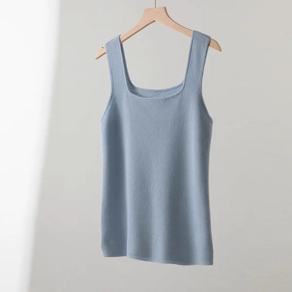 100% Superfine Merino Wool French Square-Neck Knit Camisole for Women, Slim Fit, Elegant, Versatile, Thin, Suitable for Work and Casual Wear