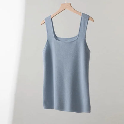 100% Superfine Merino Wool French Square-Neck Knit Camisole for Women, Slim Fit, Elegant, Versatile, Thin, Suitable for Work and Casual Wear
