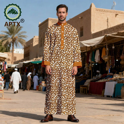 APTX Men's Jubba Thobe Embroidered Robe Single-Breasted Loose Fit Casual Wedding Church Outfit Muslim Fashion 2514020