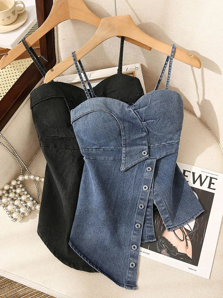 Irregular Halter Neck Denim Crop Top Women Summer Outdoor Wear with Chest Pad Slimming Sexy Girl Shirt Short Length Zipper