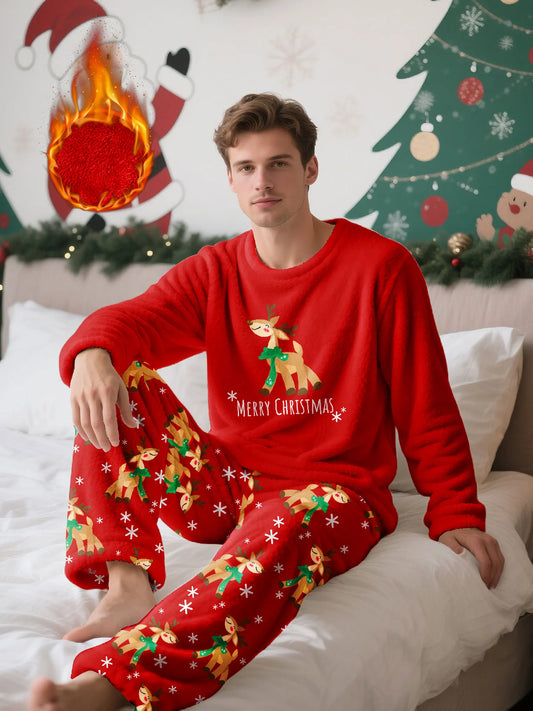Men's Christmas-themed fleece pajama set, featuring a long-sleeve top and matching pants, comfortable and casual loungewear