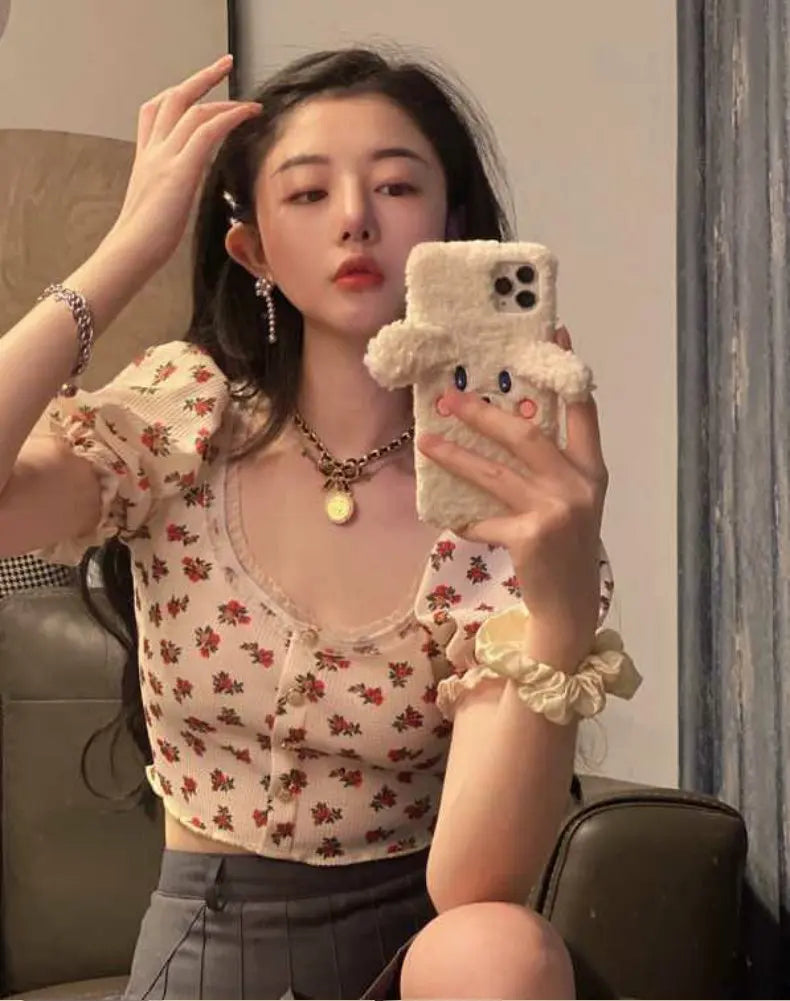 Floral Print Square Neck Short Sleeve Slim Fit T-Shirt Women's Summer 2026 New Bubble Sleeve Belly Baring Trendy Top