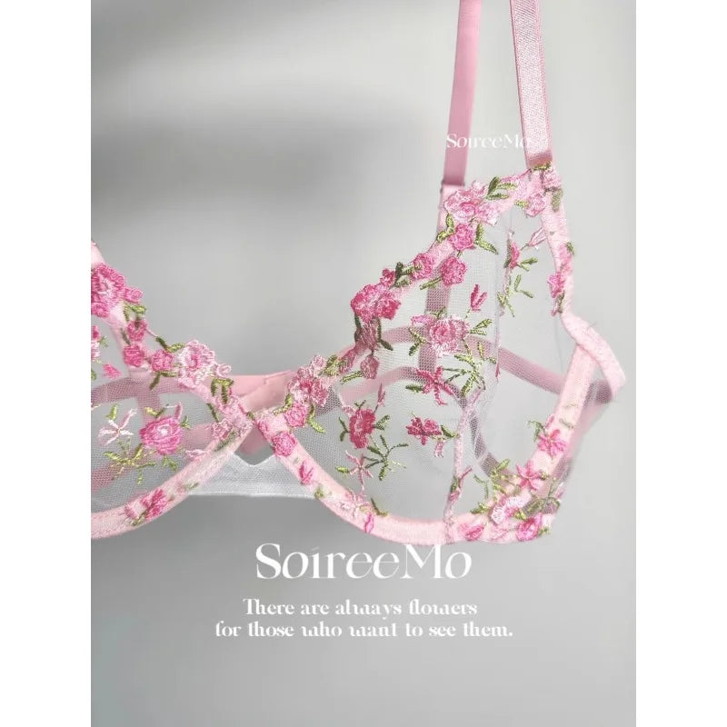 Pure & Sexy Japanese Lingerie Set, Pink Floral Tulle with Embroidery, Harajuku Style Aesthetic Set BANERDANNI Sexy Panty &Tusjy