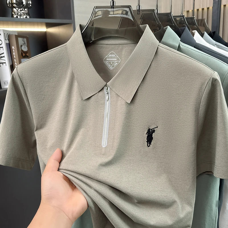 Summer New Ice Silk Cool Short Sleeved Polo Shirt, Skin Friendly, Breathable, Lapel Zipper, Business Casual T-shirt for Men